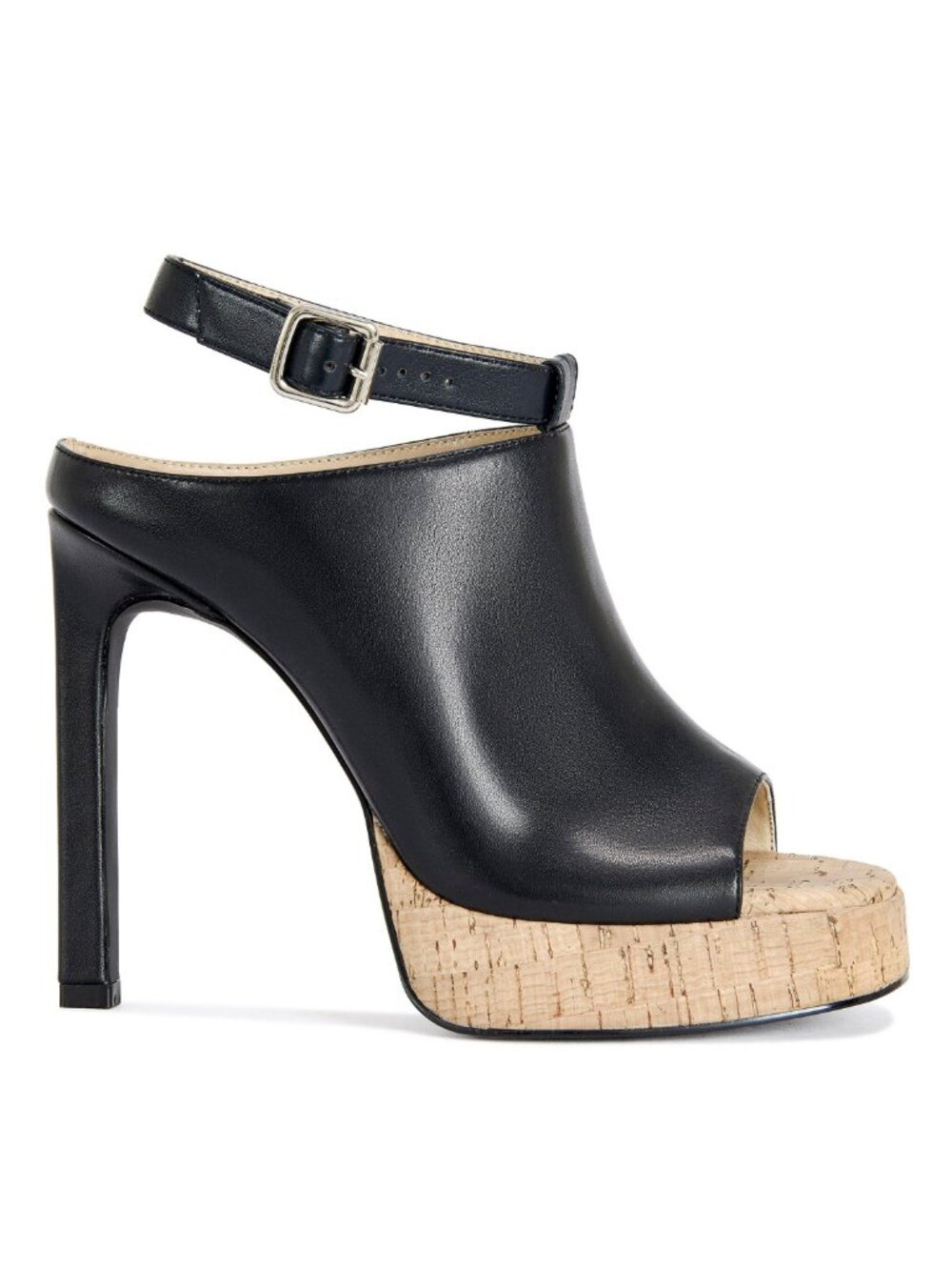 AZALEA WANG Maelie Peep Toe Shoes Cork Platform Stiletto Heel Size 6.5 Black NEW - Picture 2 of 13